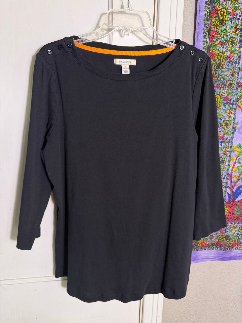 G.H. Bass & Co Women XL Black Cotton Top 3/4 Sleeve Button Shoulder Boat Neck
